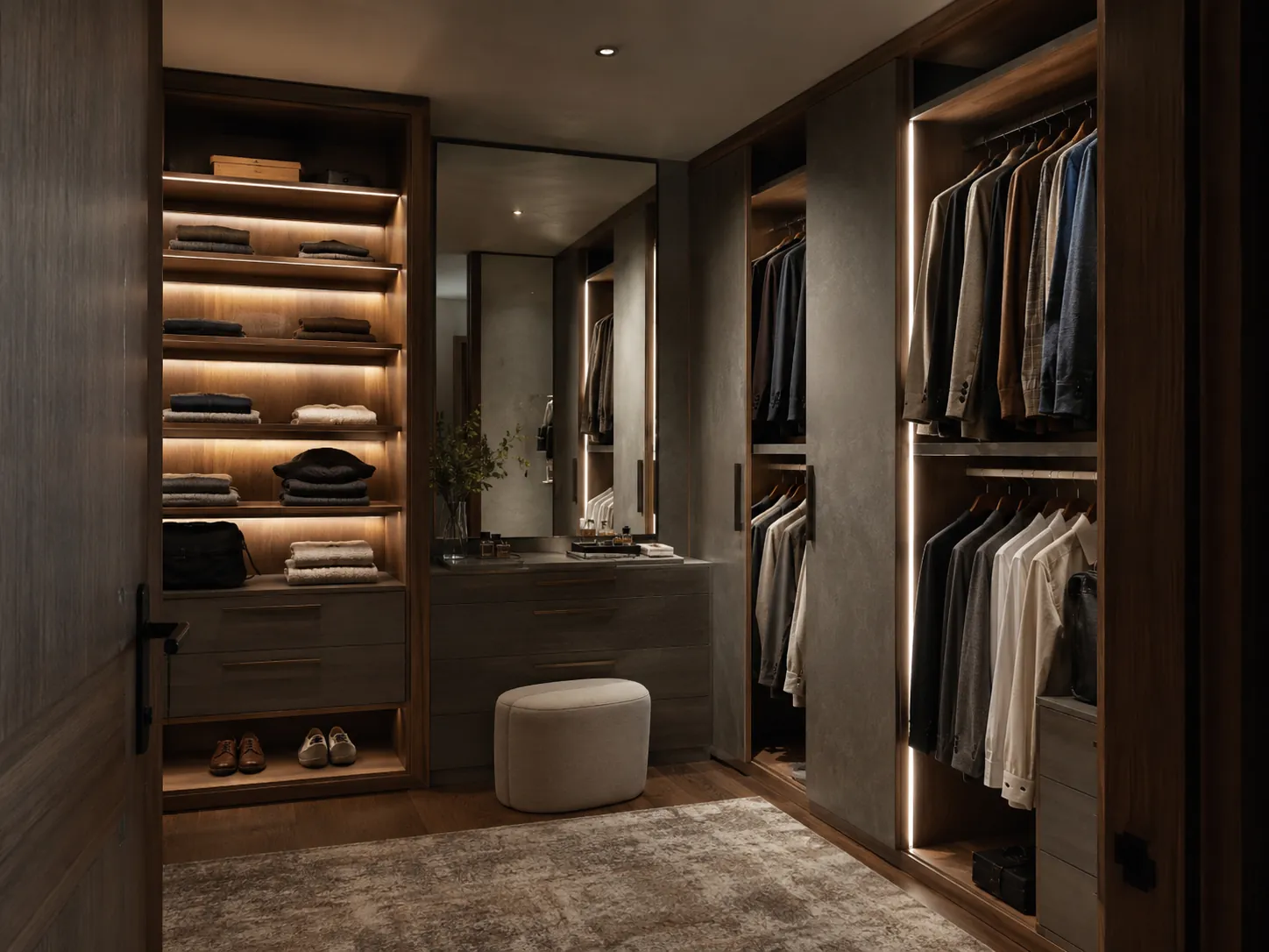 Dressing de luxe avec éclairage intégré des étagères, éclairage LED vertical et zone miroir doucement éclairée.