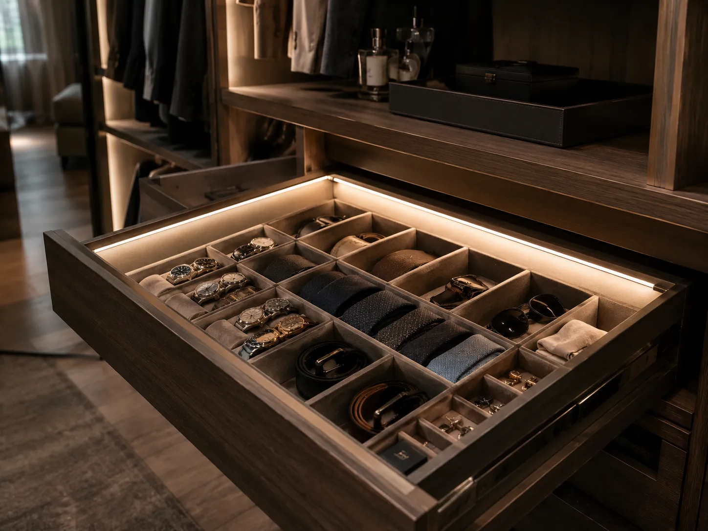 Tiroir de dressing sur mesure ouvert avec éclairage intégré doux pour montres, bijoux, ceintures et accessoires.