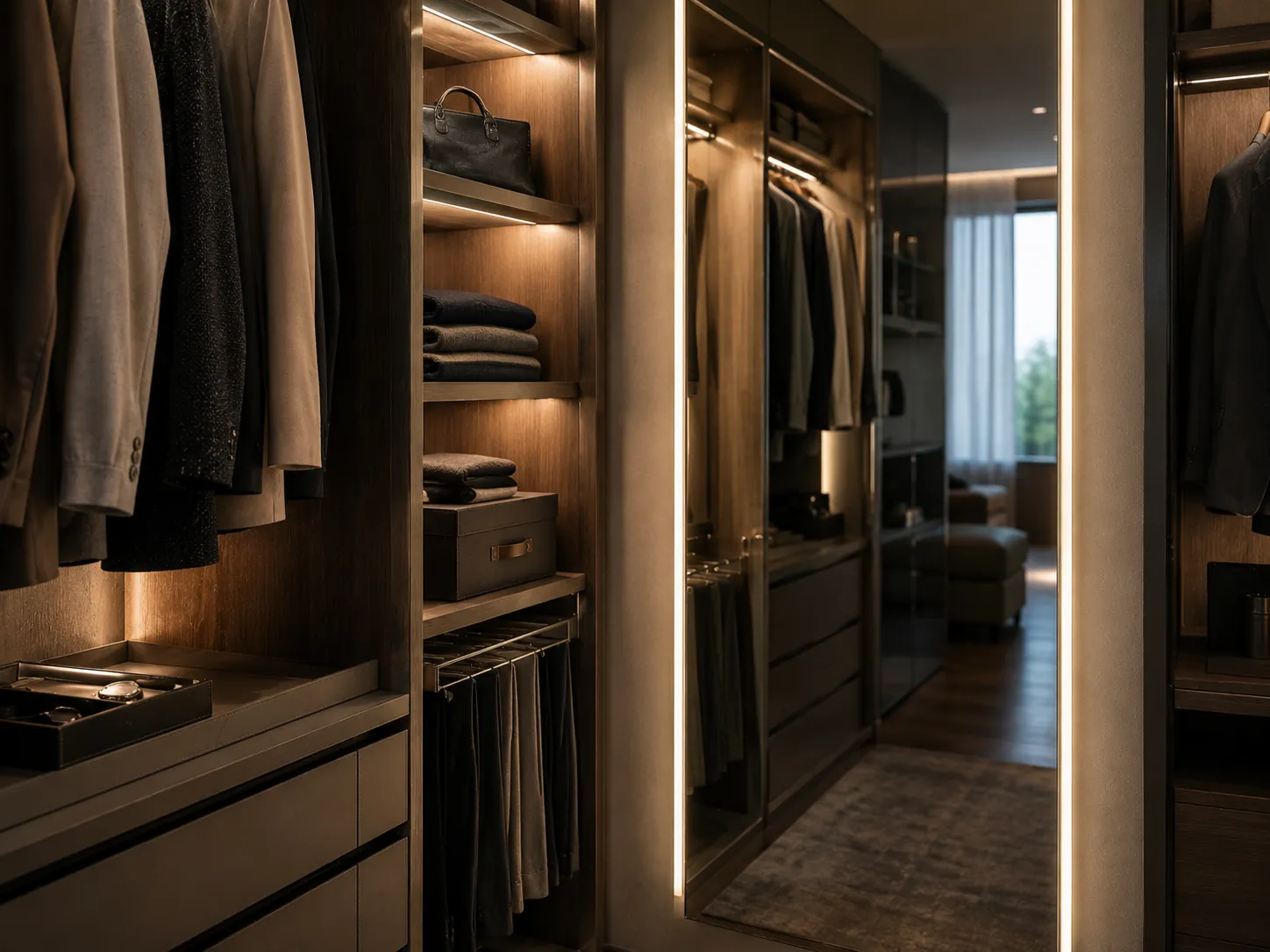 Garde-robe de luxe à portes vitrées avec éclairage LED vertical caché et contrôle doux des reflets.