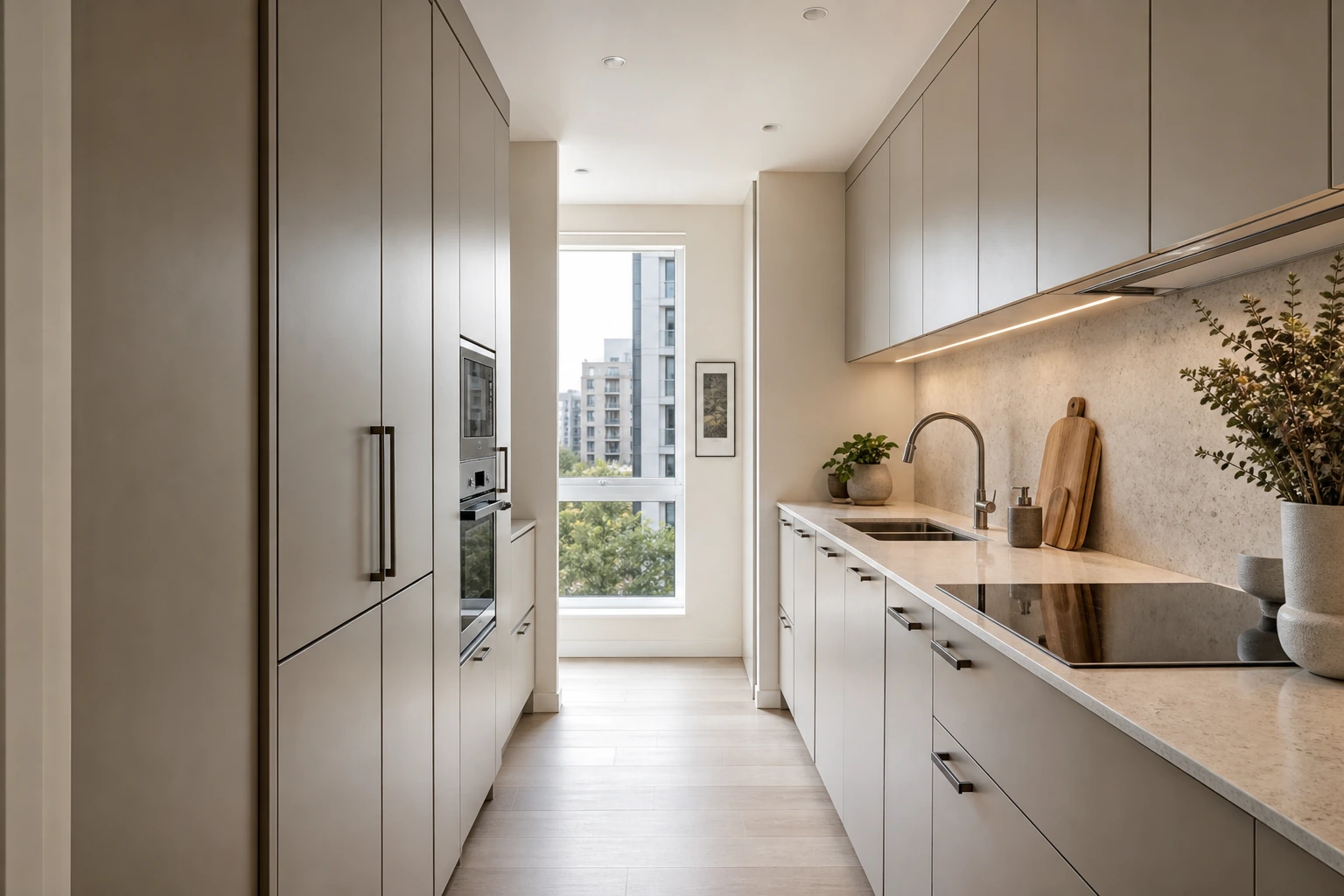 Small condo galley kitchen with full height storage and integrated appliances.