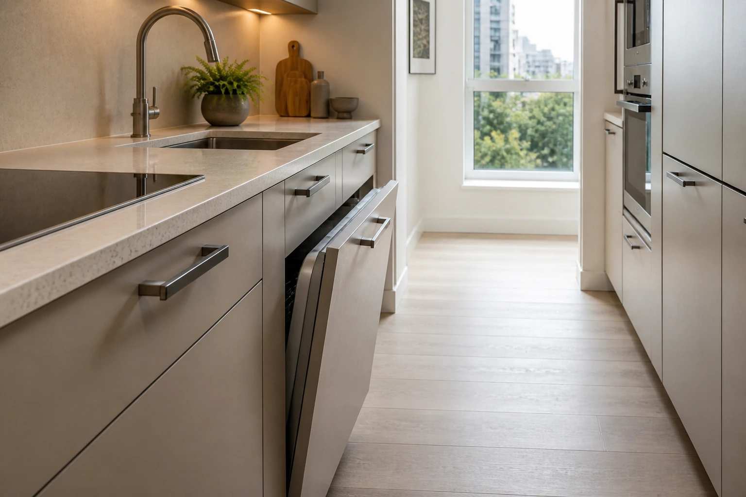 Cabinet depth and countertop landing space in a compact galley kitchen.
