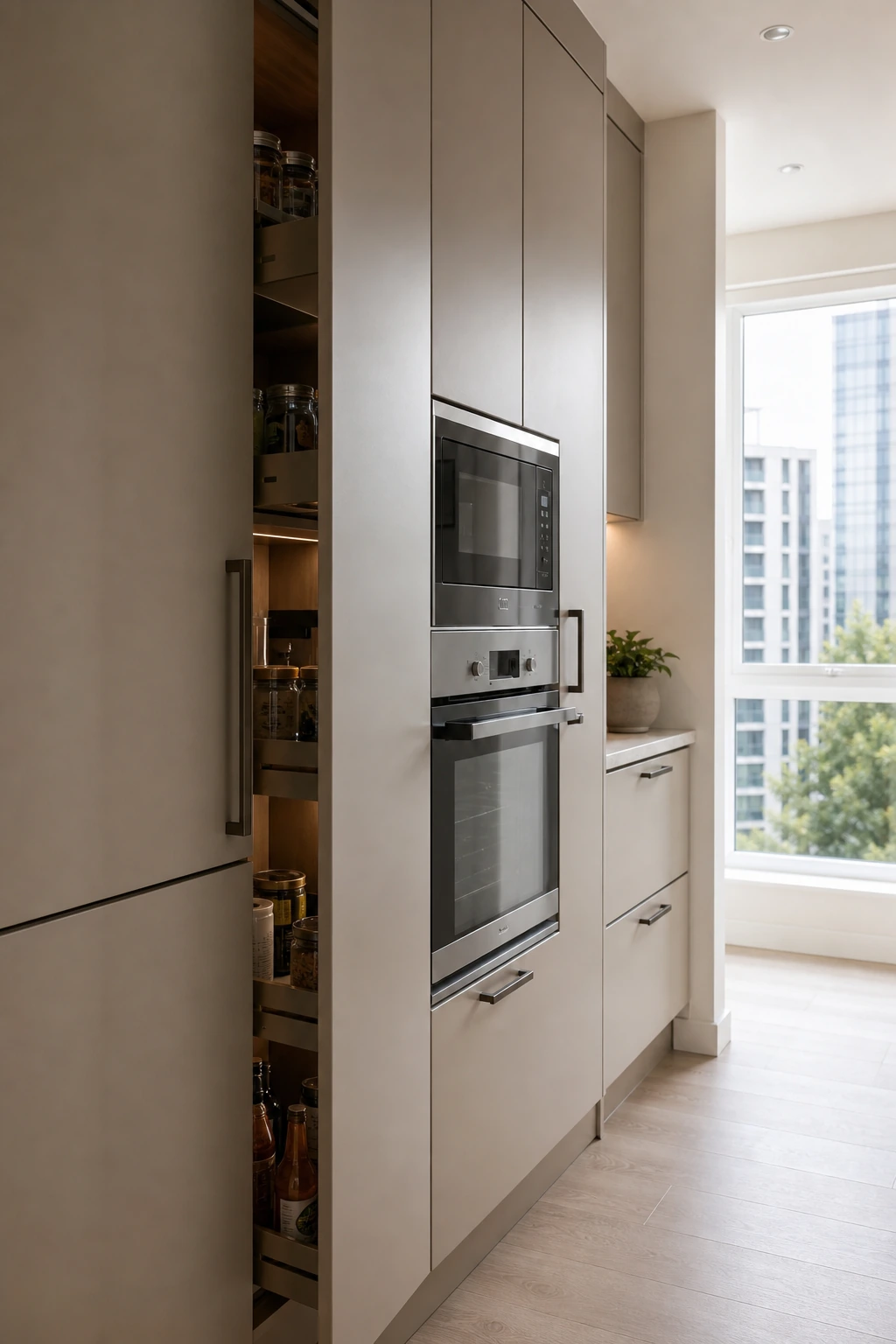 Tall pantry and appliance column in a narrow galley kitchen.