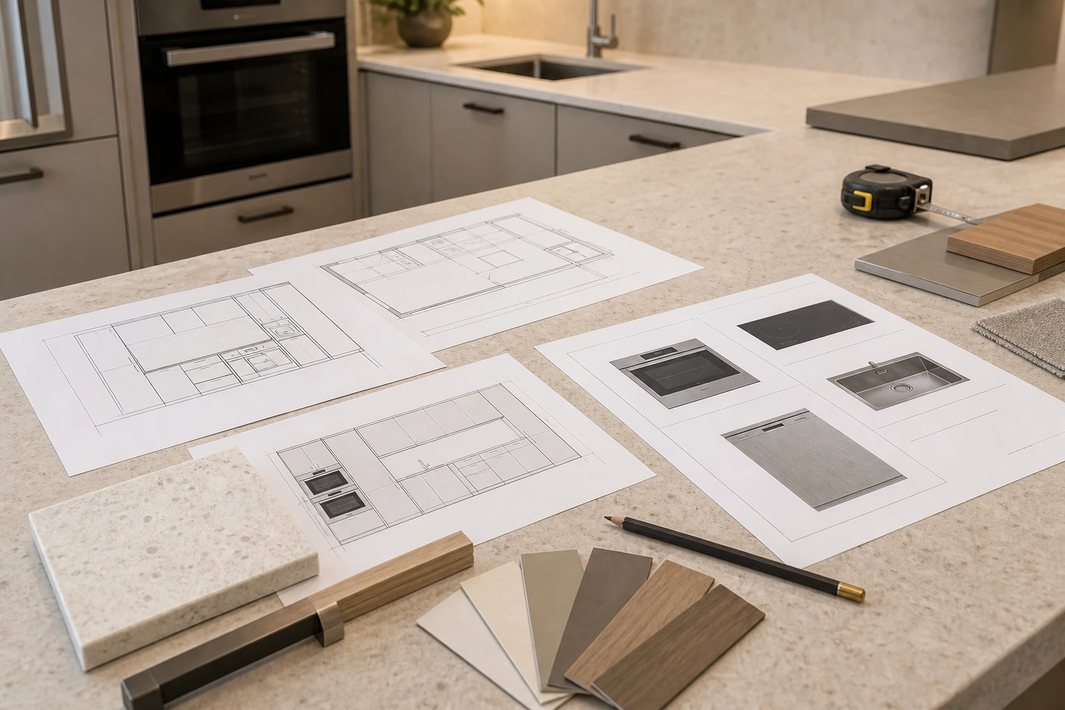 Galley kitchen renovation drawings and material samples on a countertop.