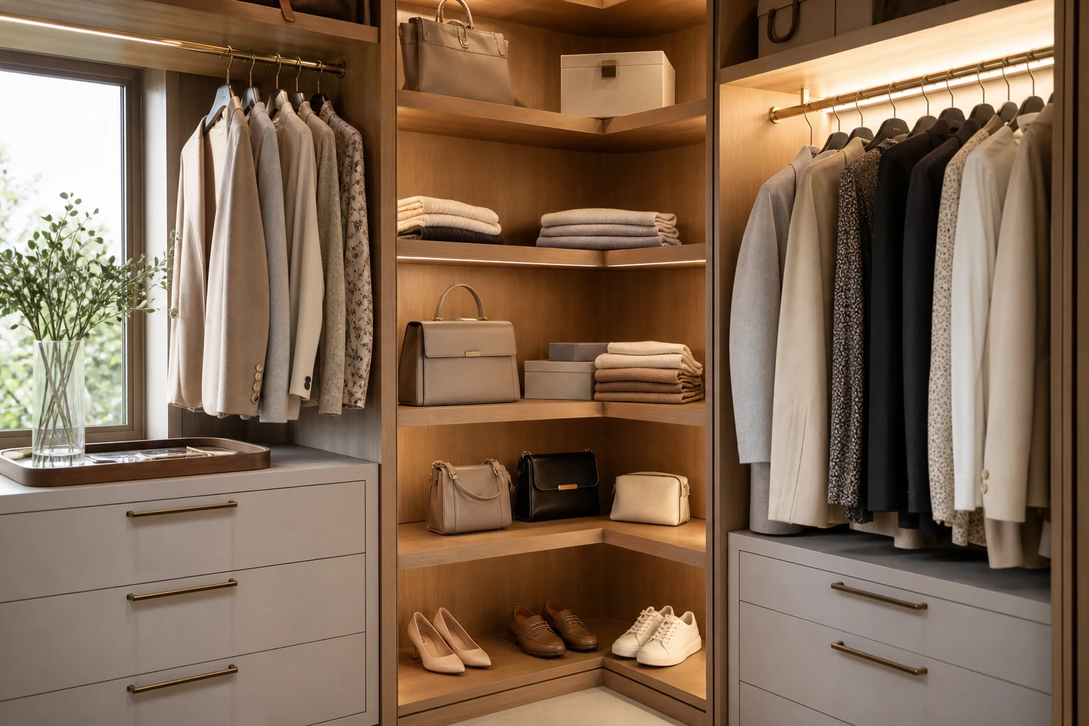 Corner shelves with bags and folded clothing beside hanging zones.