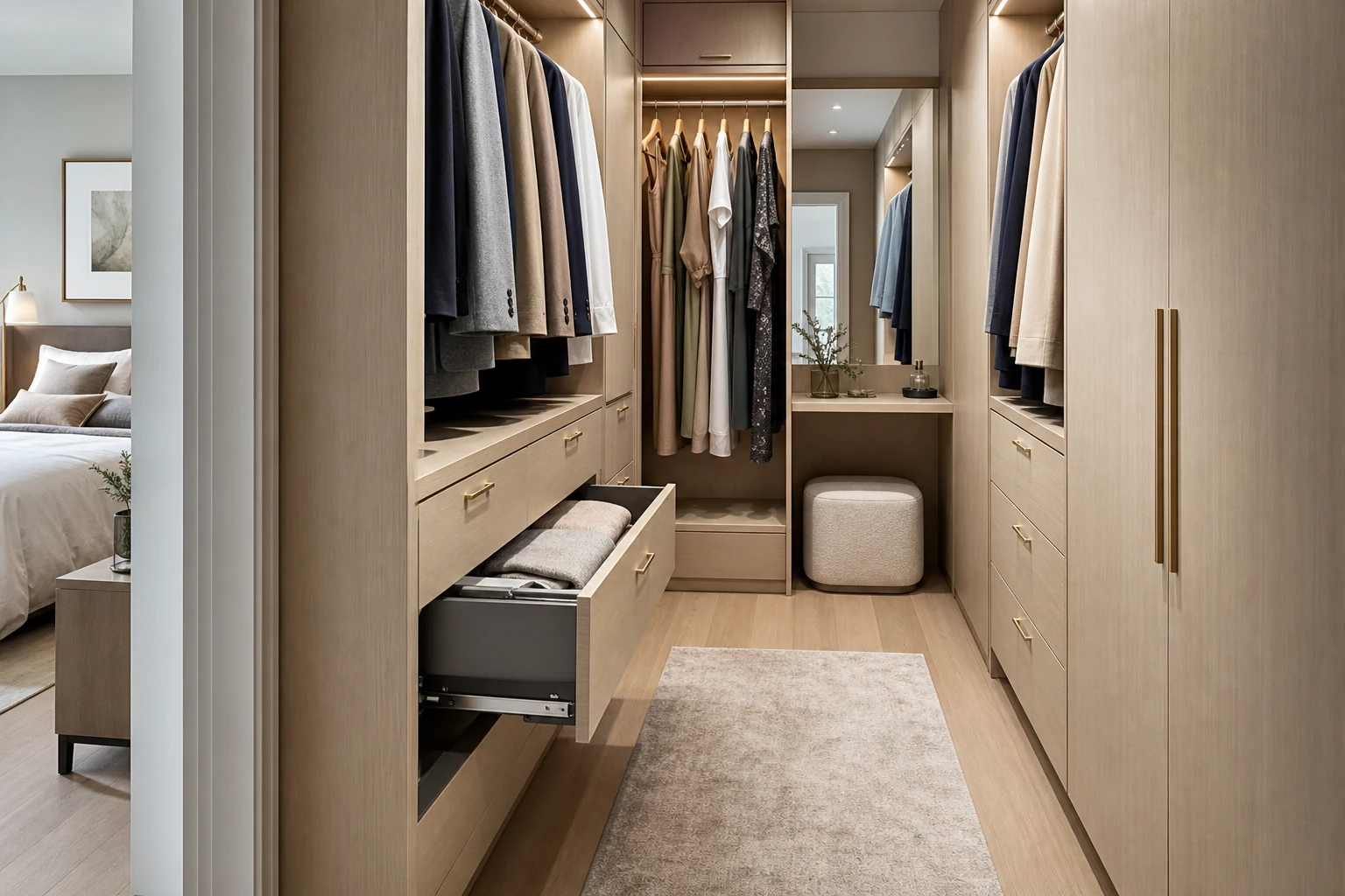 U-shaped walk-in closet layout showing center walkway and drawer clearance.