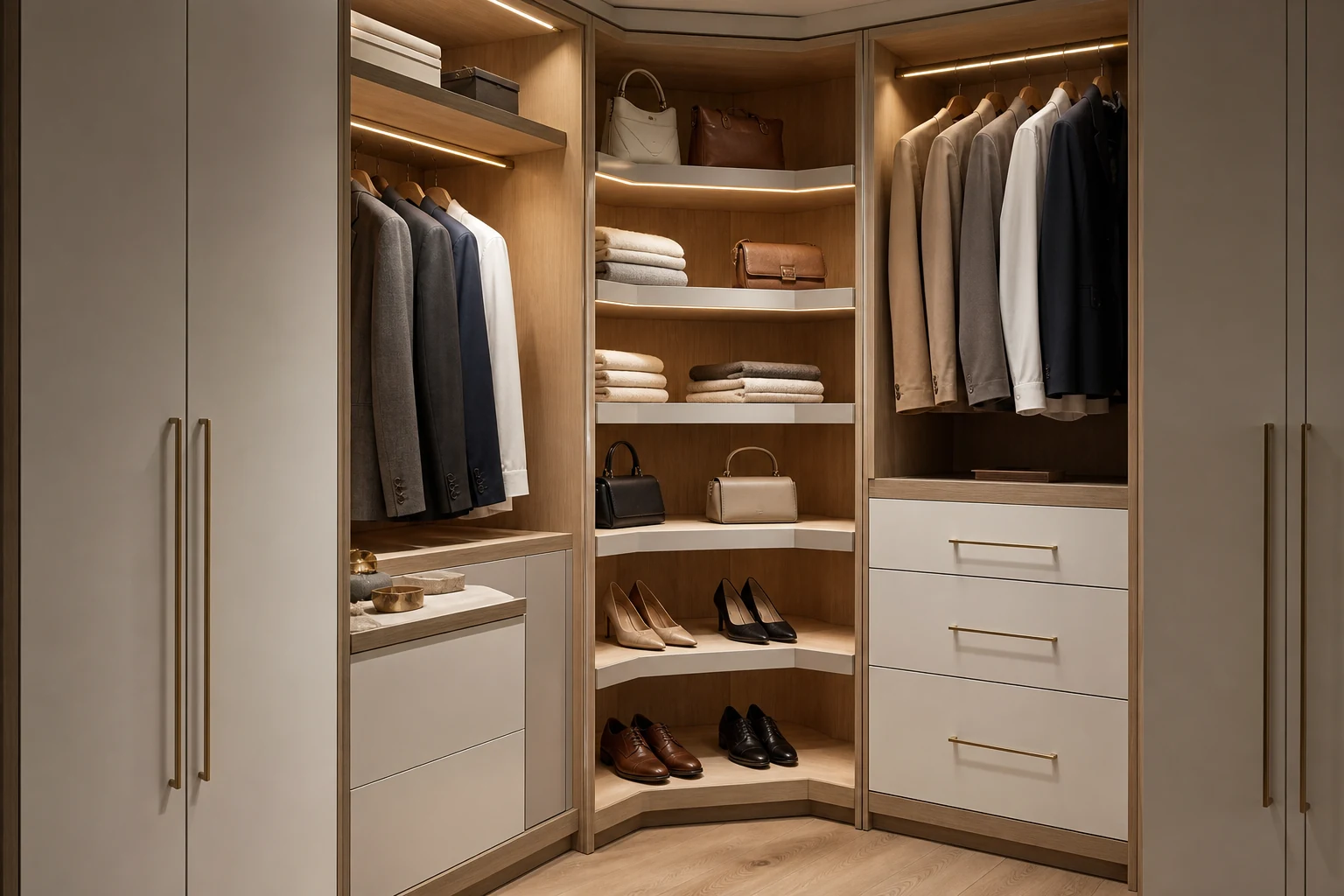 Angled corner storage module with integrated lighting in a walk-in closet.