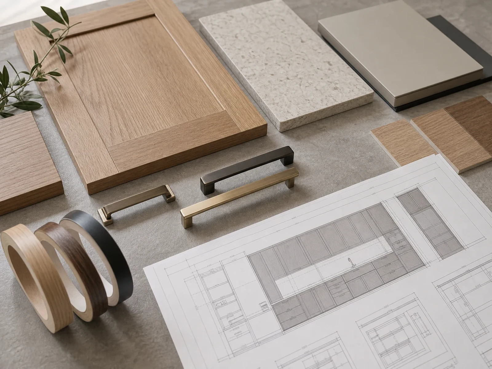 Natural oak finish samples pale stone panels and muted metal hardware for cabinet planning.