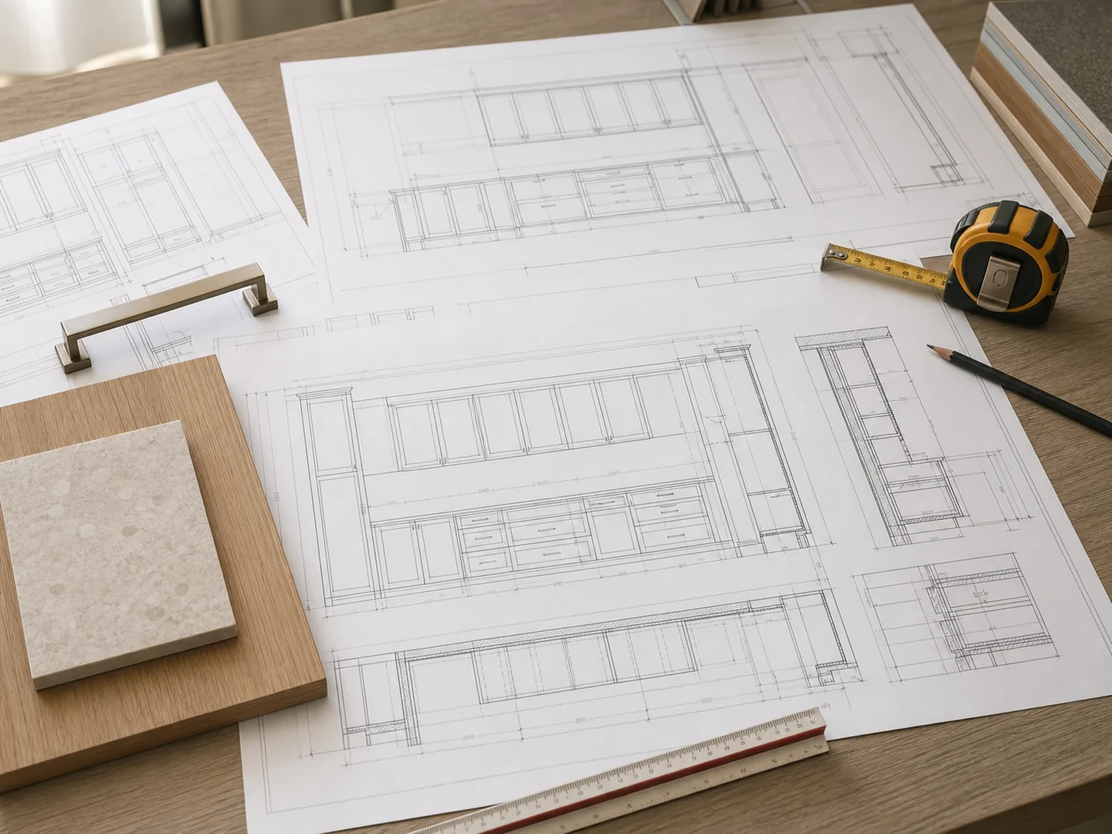 Cabinet shop drawings with plans elevations sections and material samples on a review table.