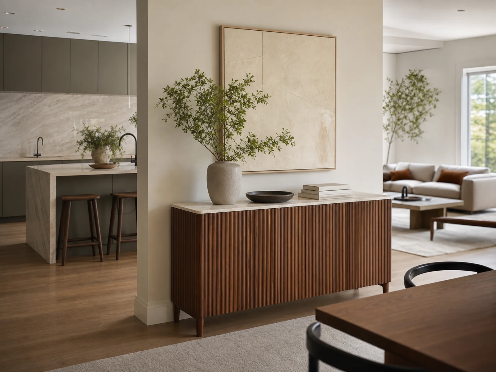 Fluted walnut sideboard with a pale stone top between dining and living areas in an open-plan interior.