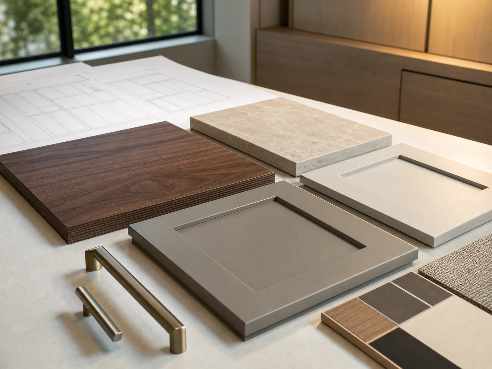 Walnut veneer painted cabinet panels pale stone and metal handle samples reviewed under daylight and warm evening light.