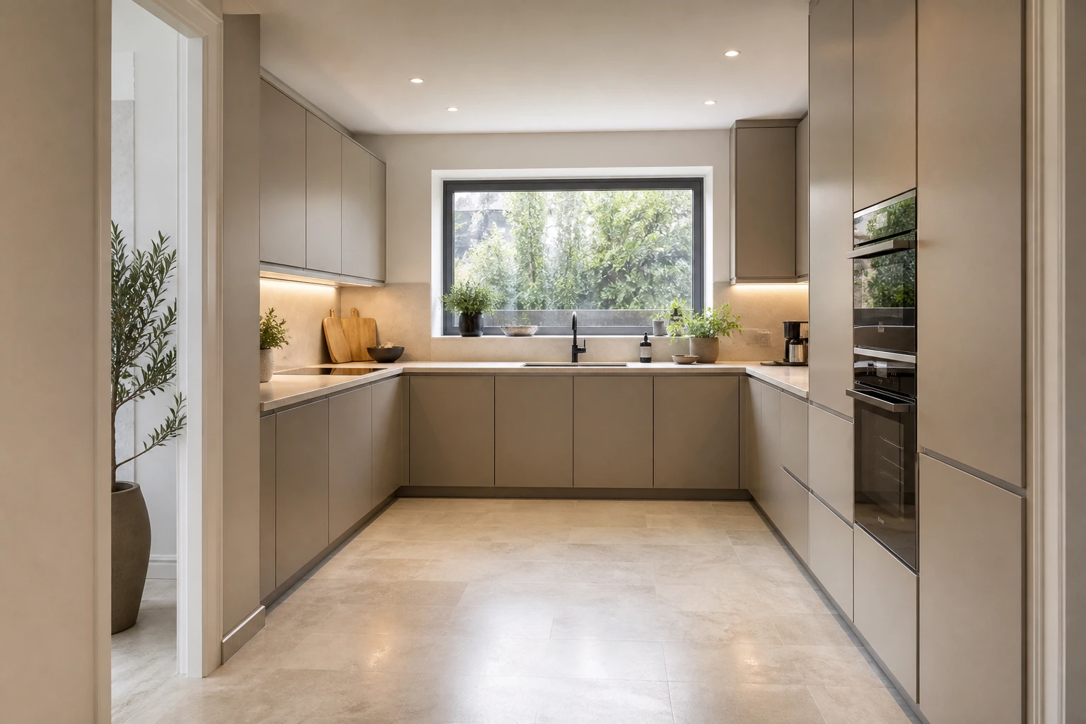 Modern greige U-shaped kitchen with clear entrance space and three cabinet runs.