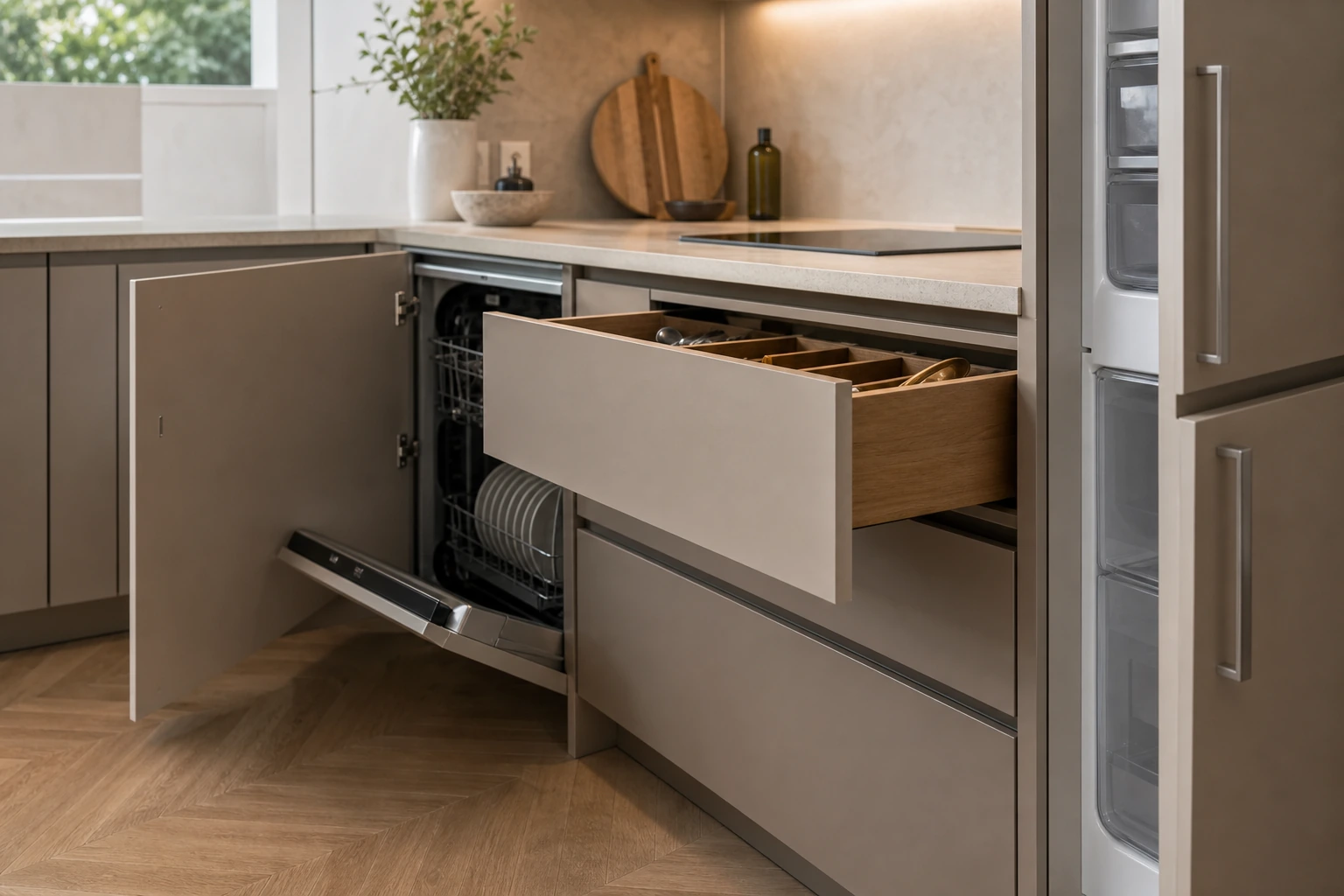 Kitchen cabinet drawers and appliance doors shown open to check possible conflicts.