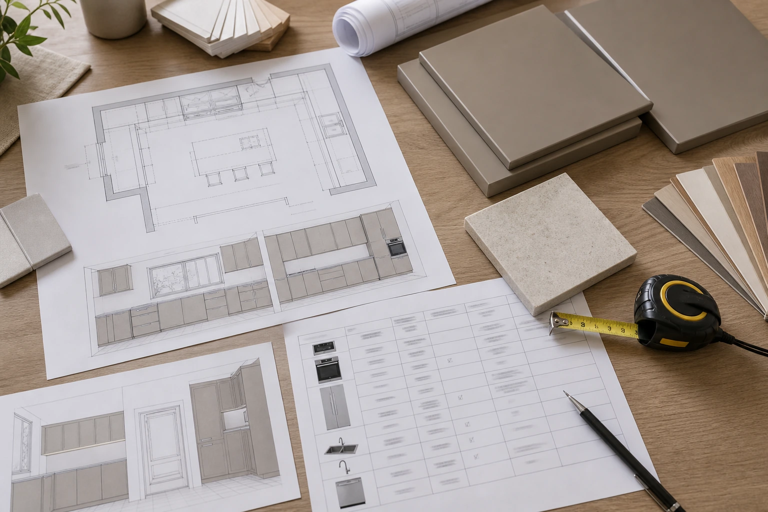 Kitchen cabinet drawings, appliance schedule and greige material samples reviewed together.
