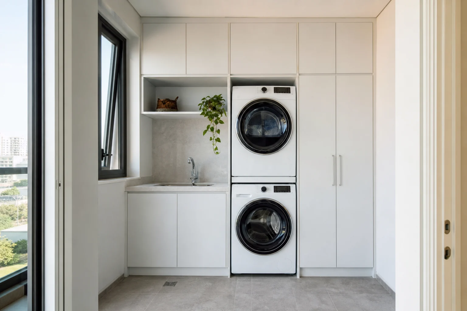 Matte white laundry cabinet with stacked washer and dryer tower in a compact apartment laundry room.