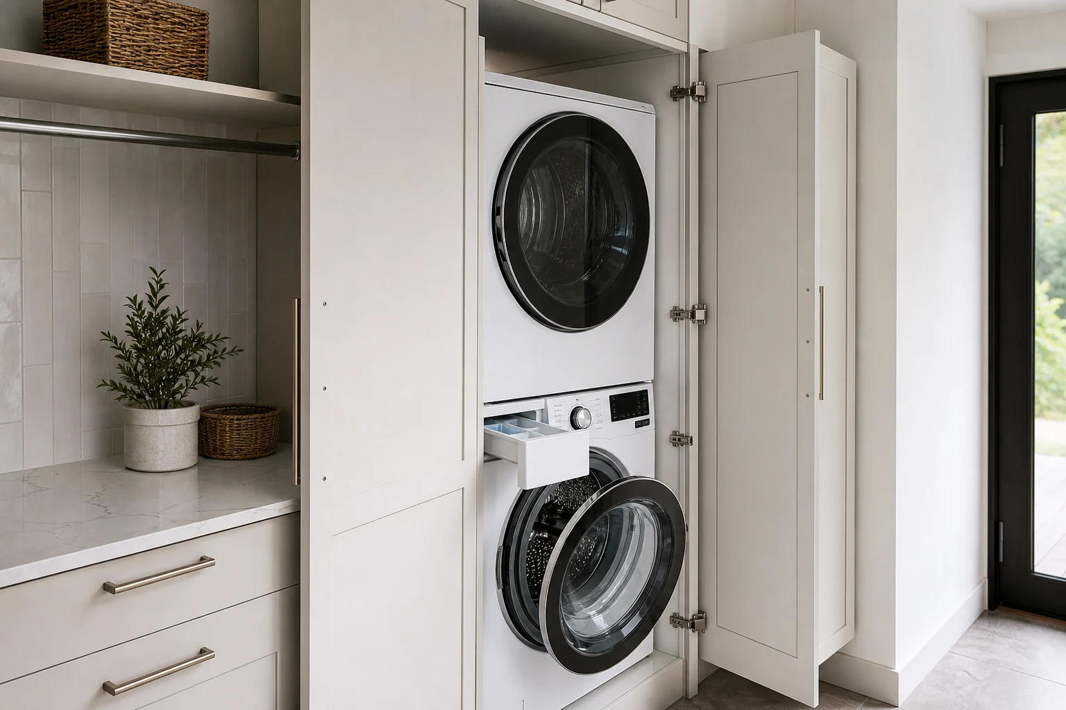 Open matte white laundry cabinet doors showing access to stacked washer and dryer controls.