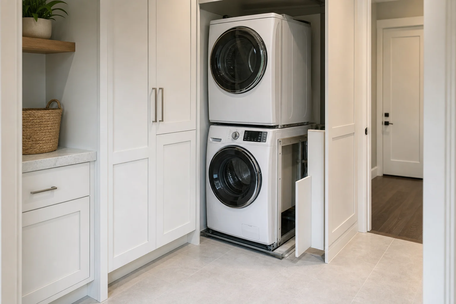 Stacked washer and dryer partly pulled forward from a matte white laundry cabinet for service access.