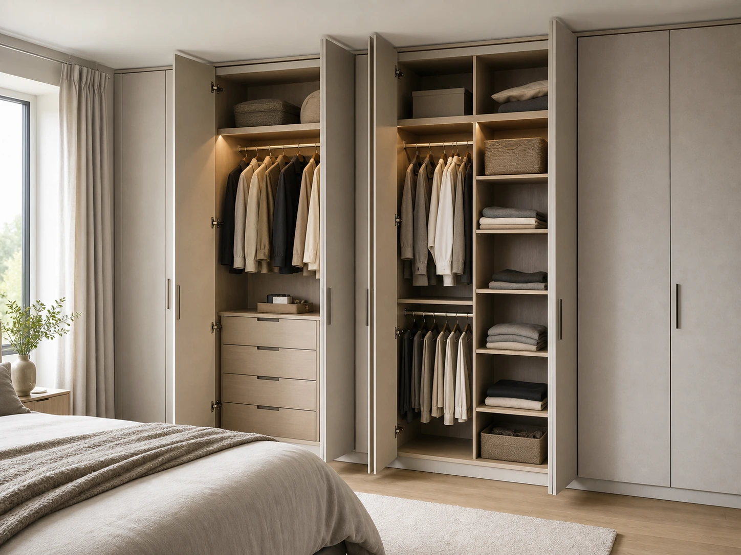 Floor-to-ceiling fitted wardrobe with open storage zones in a calm bedroom.
