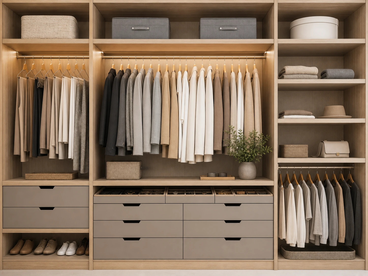 Open wardrobe interior with long hanging, short hanging, drawers and upper storage.