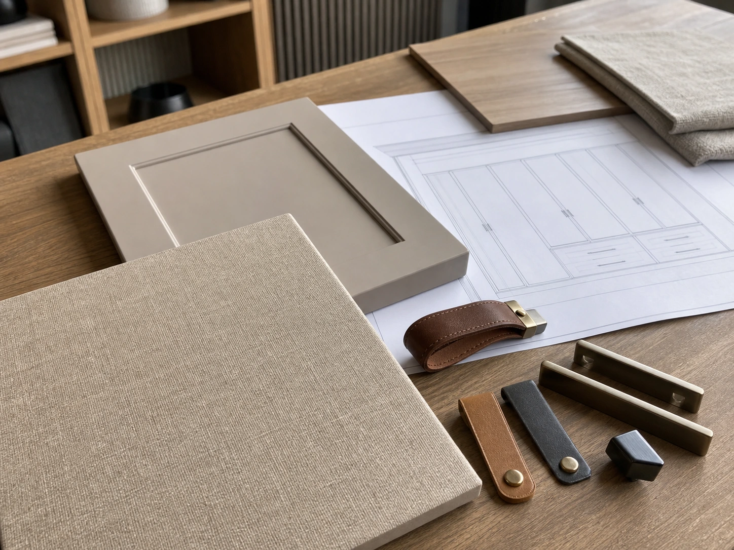 Wardrobe finish samples with linen texture panel, leather pull handles and cabinet drawing.