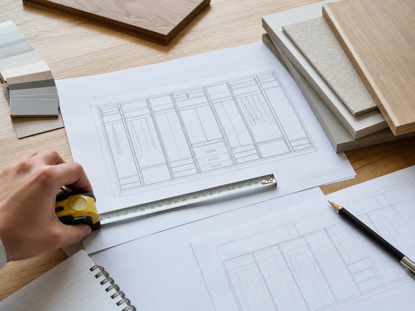 Designer reviewing fitted wardrobe elevation drawings with measurements and material samples.