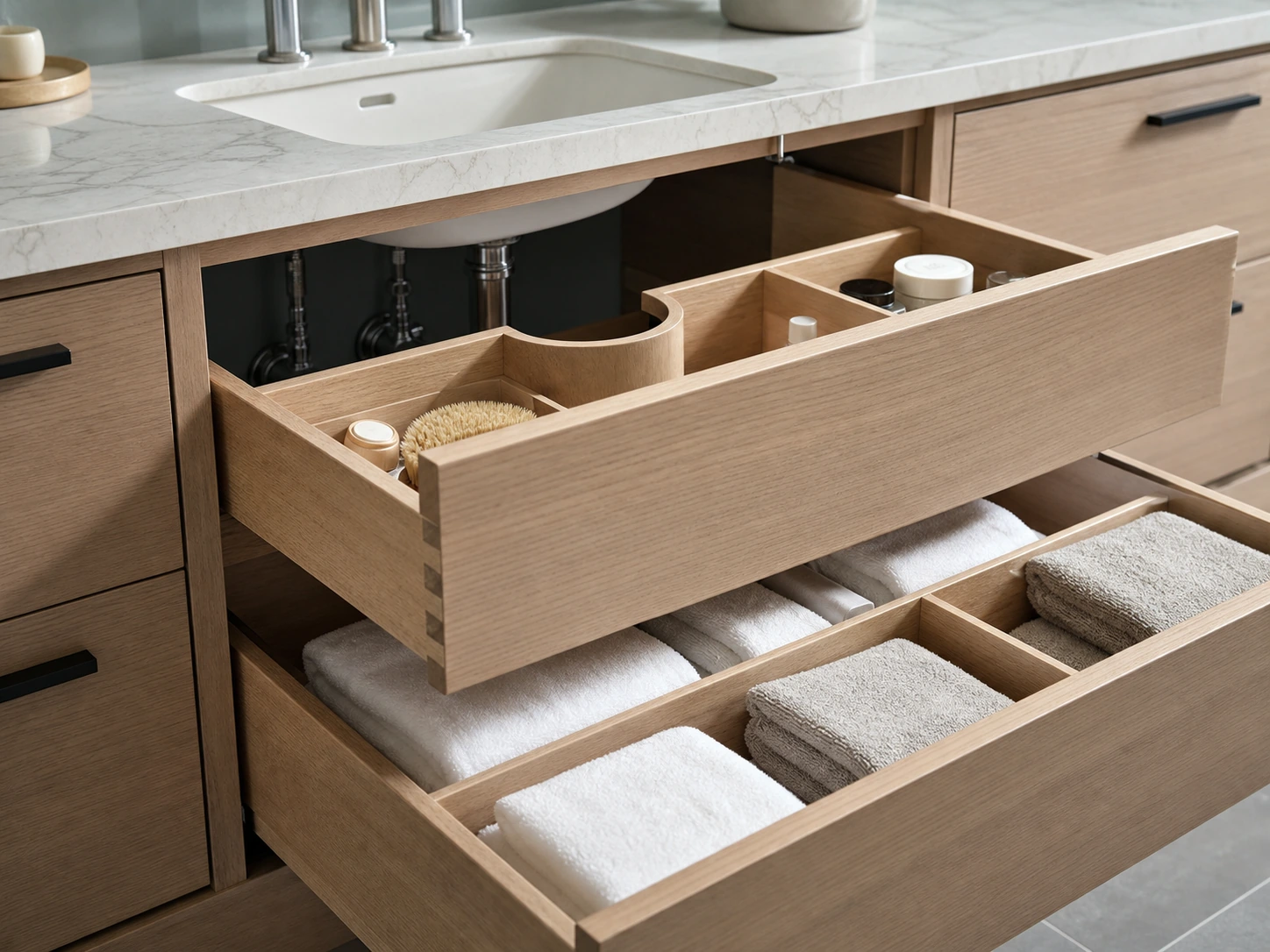 Open bathroom vanity drawers with pipe clearance and storage dividers.