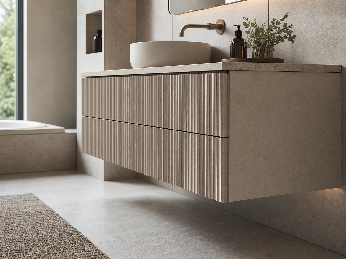 Floating bathroom vanity with fluted stone front and floor clearance.