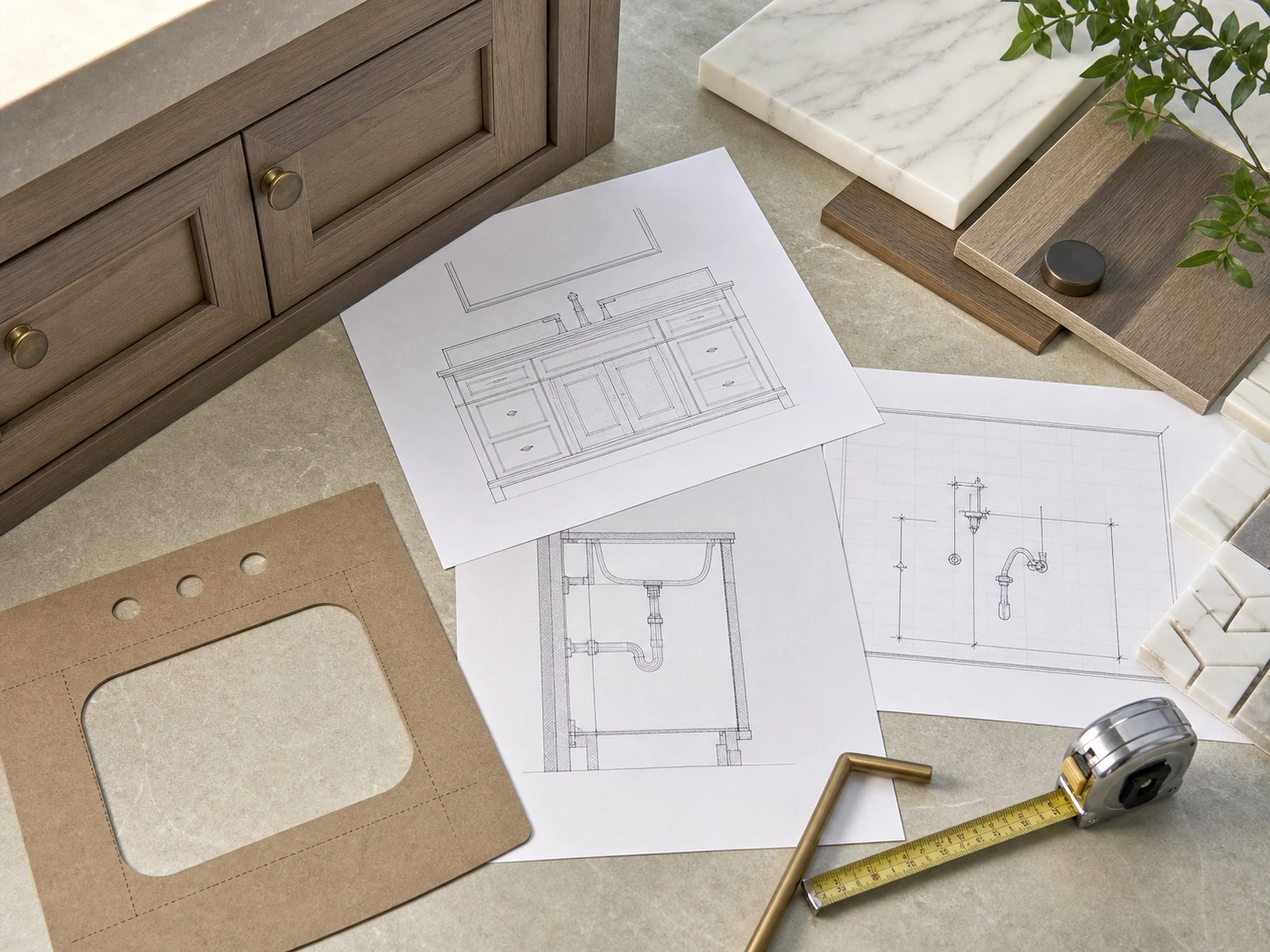 Bathroom vanity section drawing with sink opening and plumbing position samples.