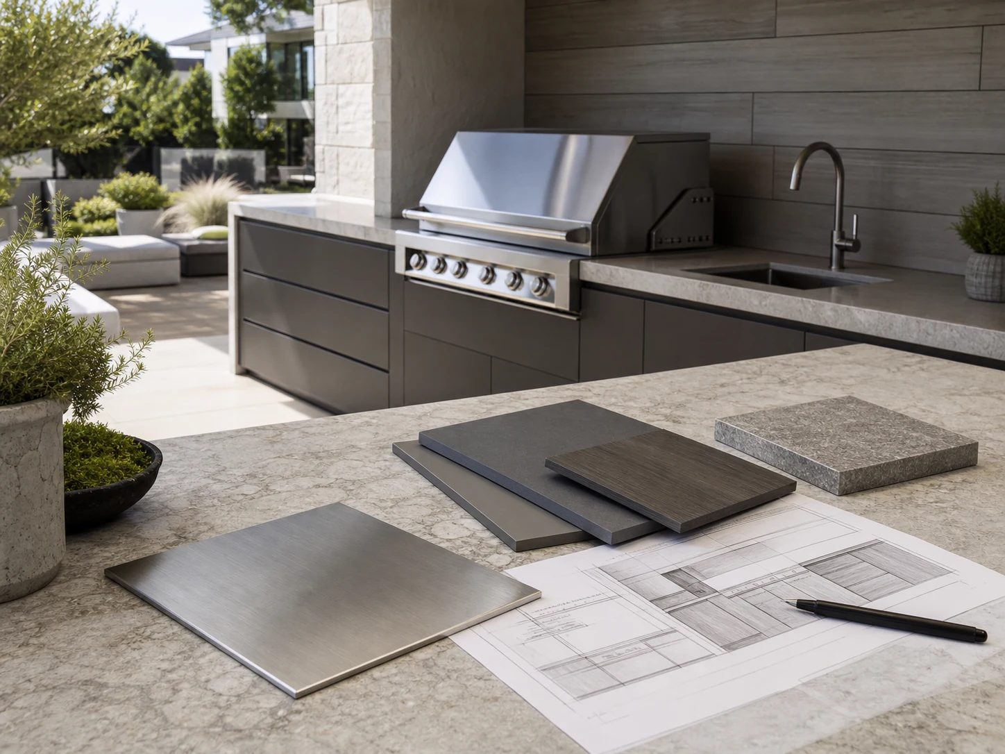 Outdoor kitchen material planning scene with grill sink countertop and cabinet samples.