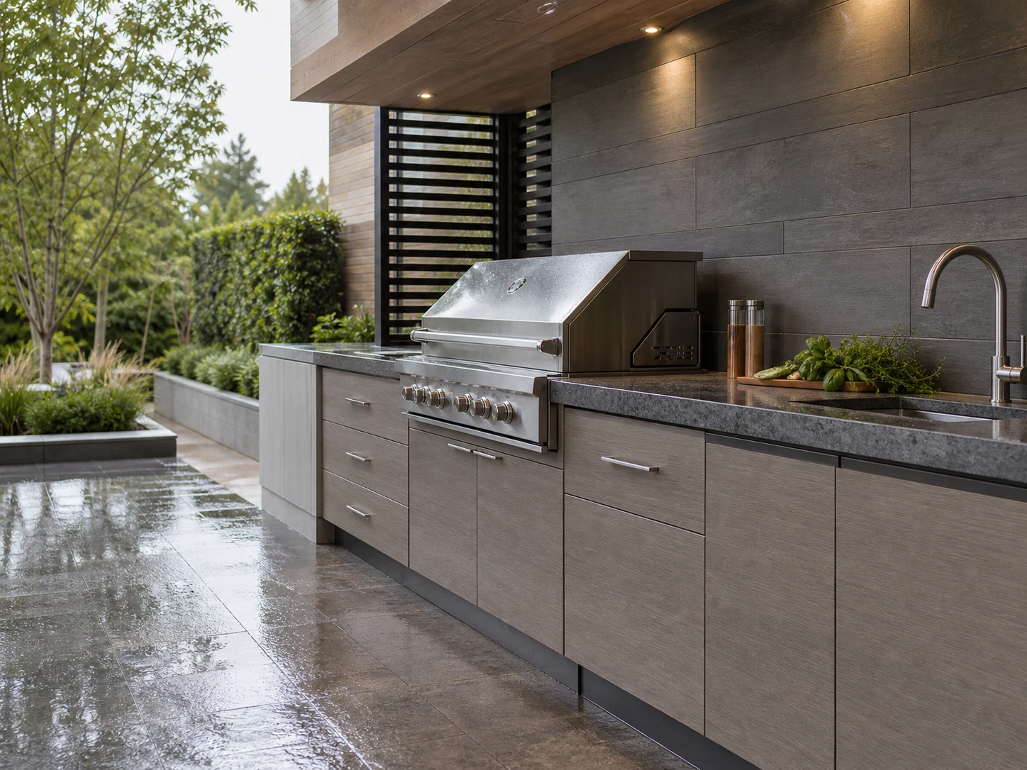 Outdoor cabinet materials planned for rain sun grill heat and daily cleaning.