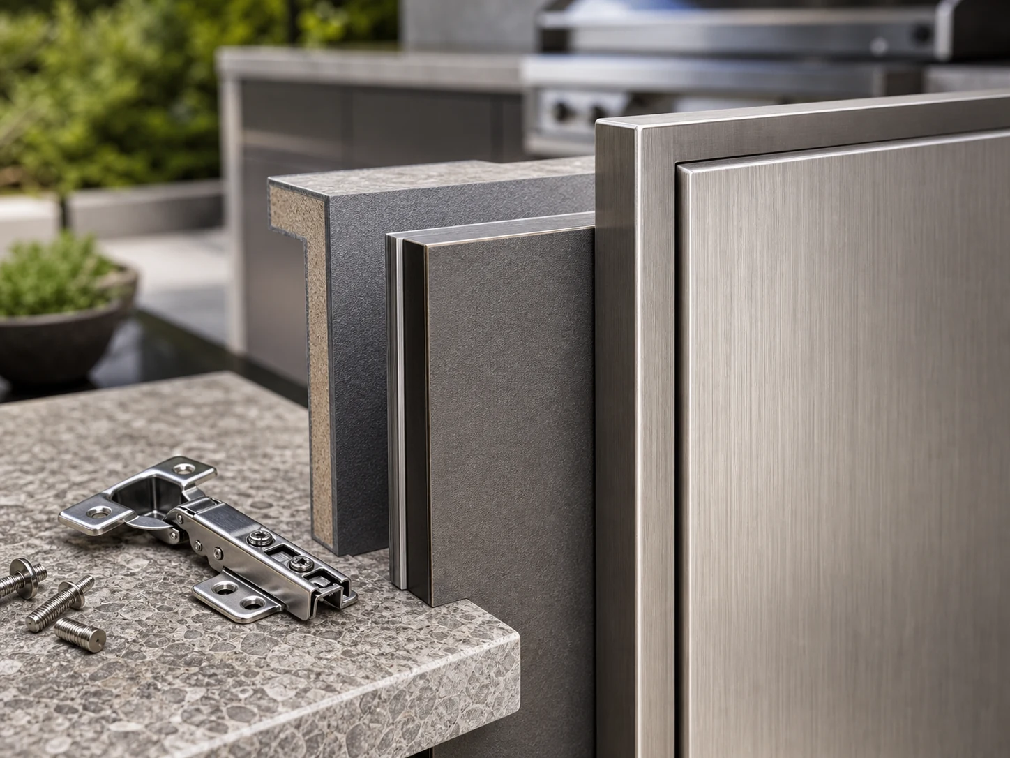 Close-up of stainless steel cabinet surface outdoor hardware panel edge and countertop support.