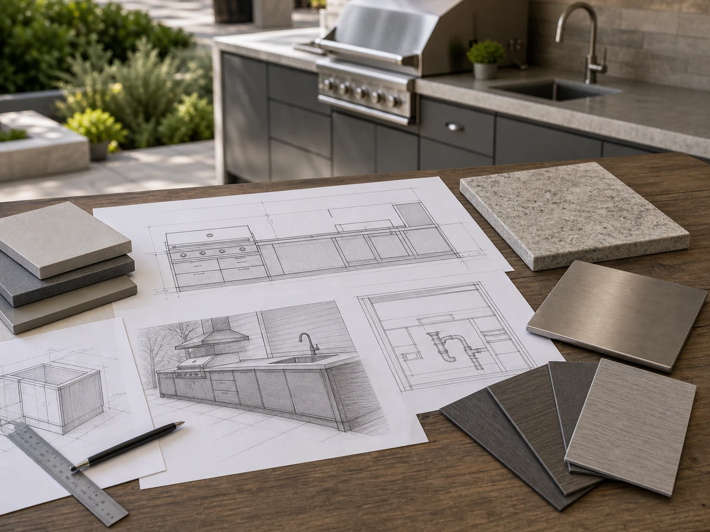 Outdoor kitchen project planning table with grill specifications sink plumbing cabinet drawings and material swatches.