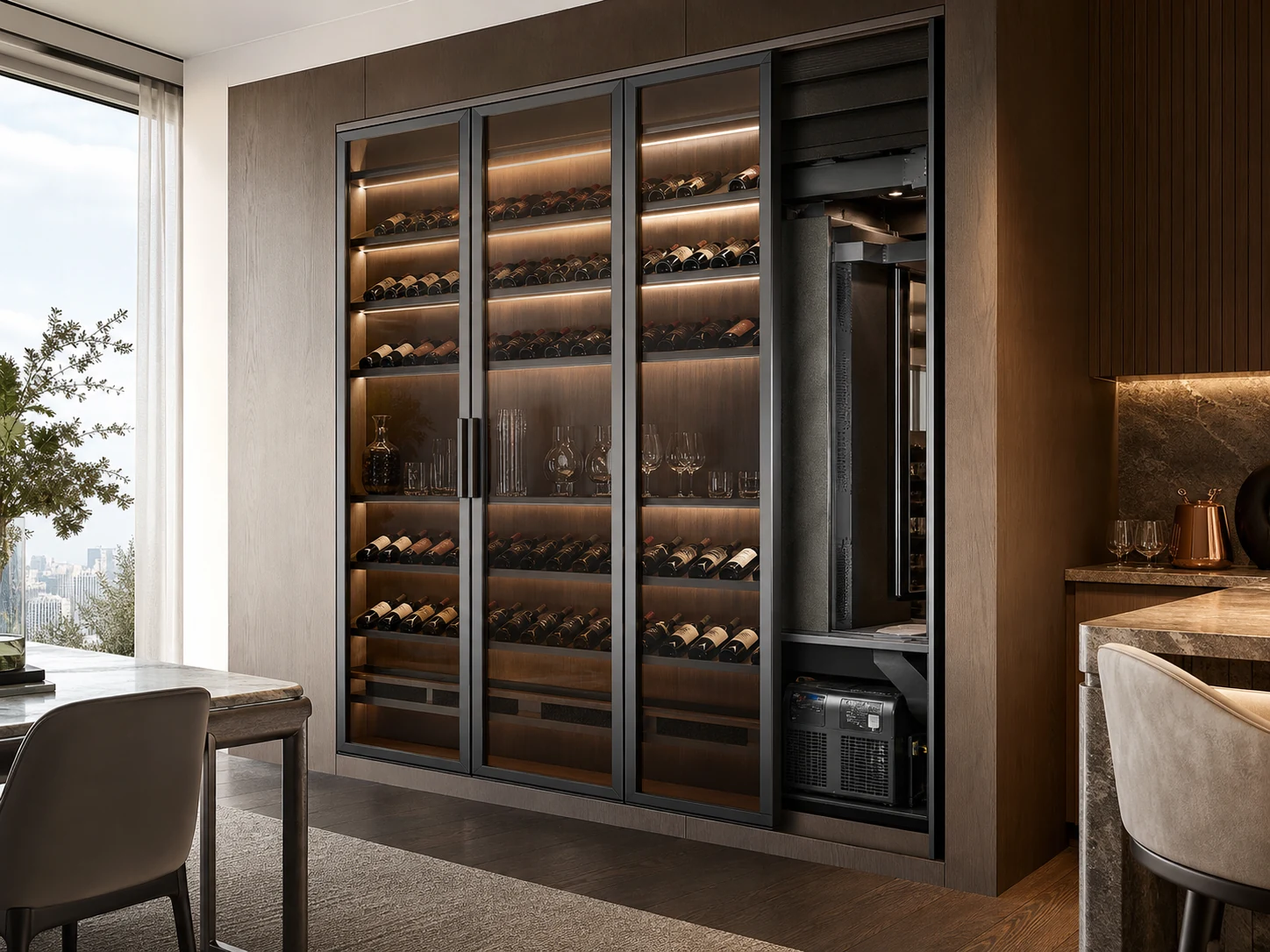 Built-in wine cabinet cutaway showing hidden cooling airflow behind glass doors.