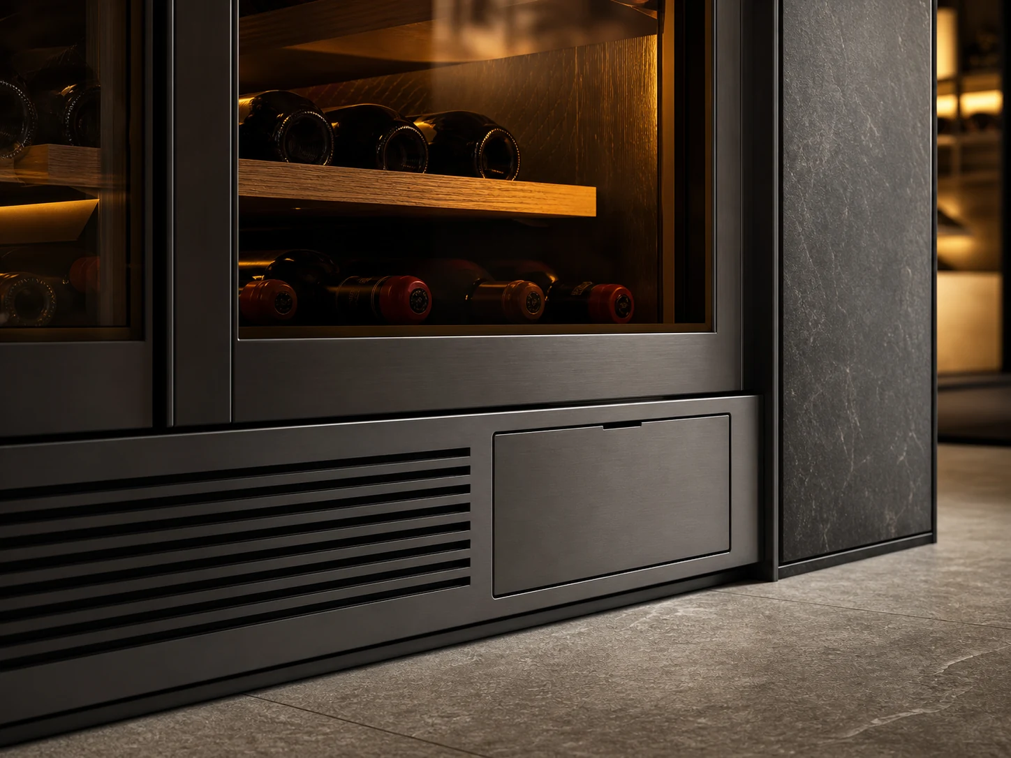 Wine cabinet grille with removable service panel and metal frame detail.