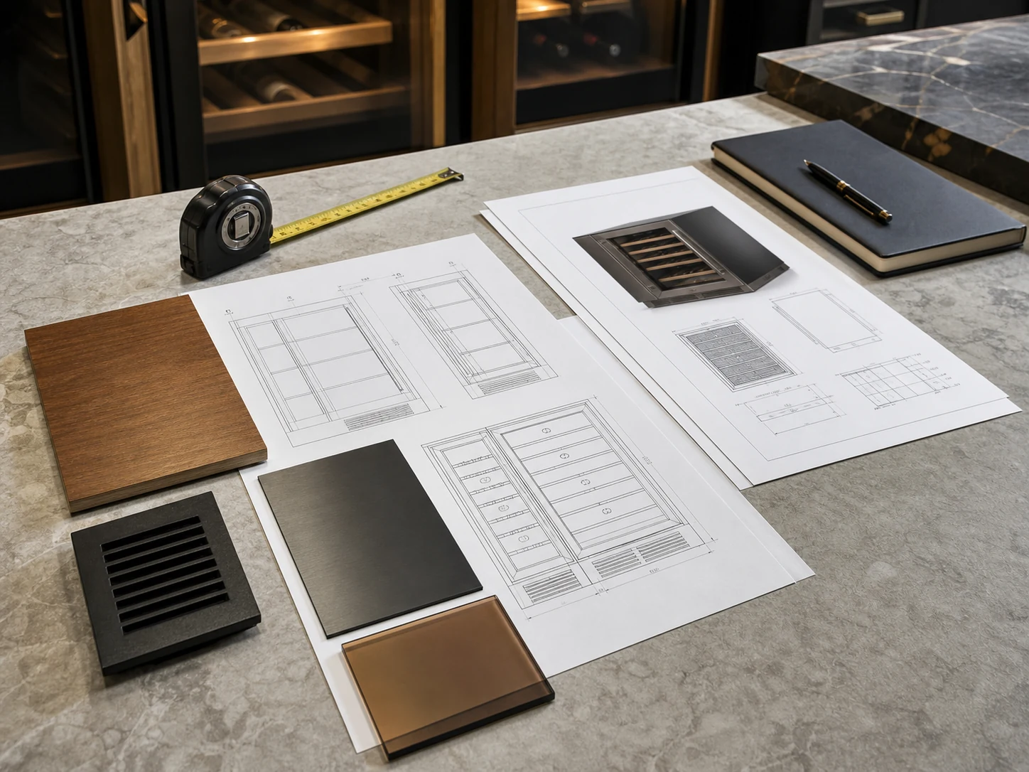 Wine cooling unit specification sheet with cabinet drawings and bronze glass material samples.