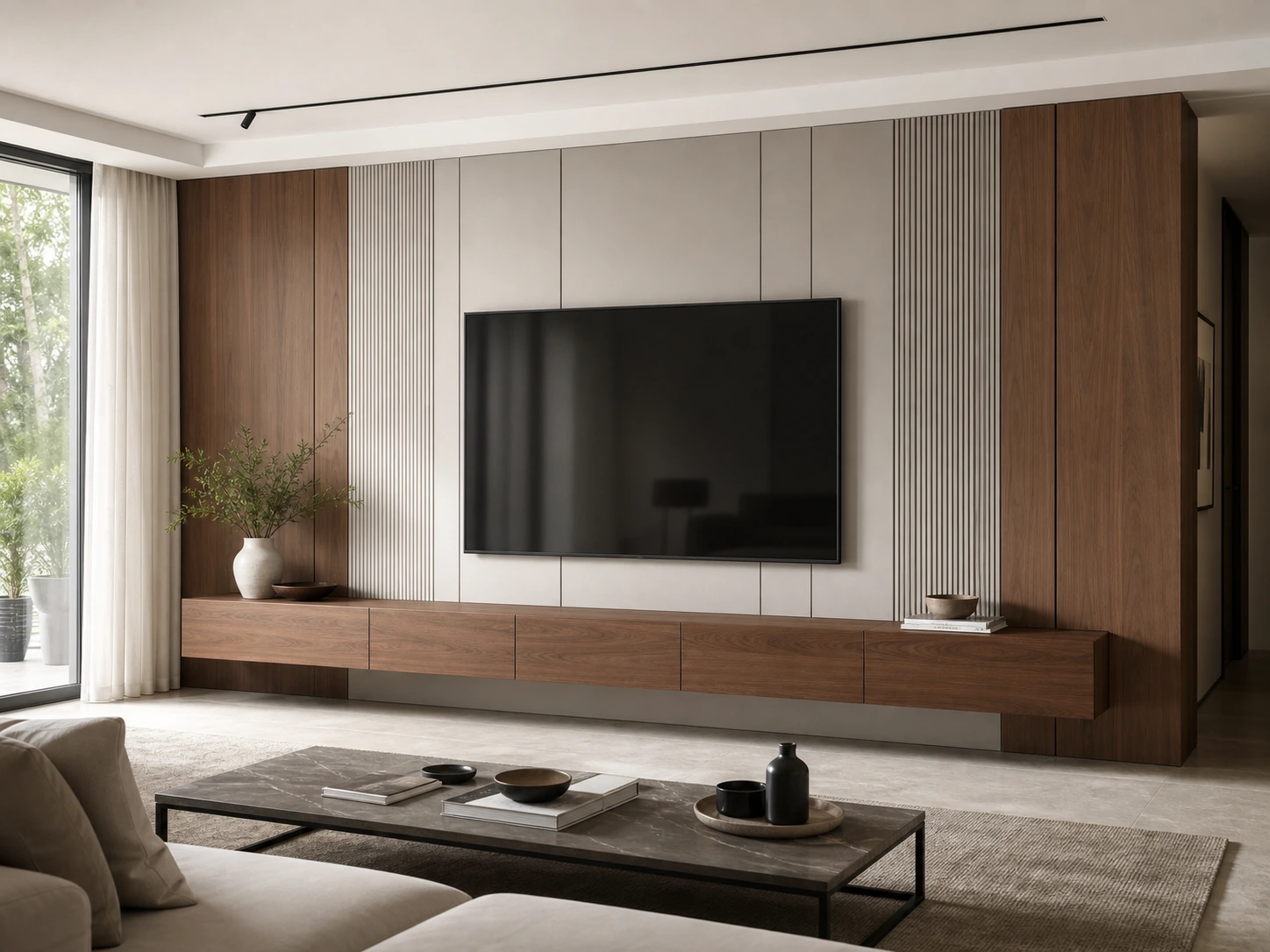 Moderne eingebaute TV-Wand mit schwebendem Stauraum und ausgewogenen Wandpaneelen in einem ruhigen Wohnzimmer.