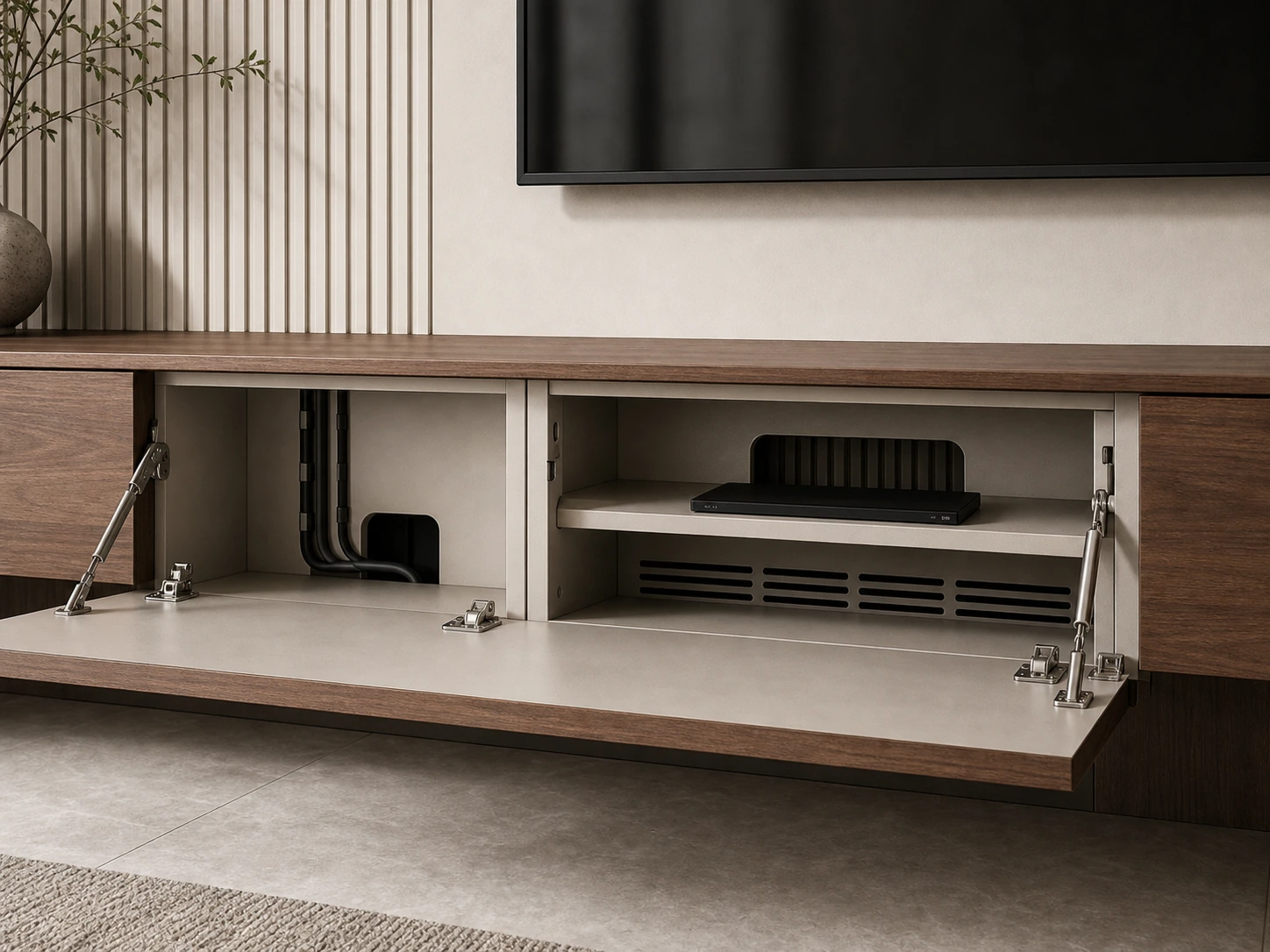 Kabelkanäle hinter dem Fernseher und Zugang zur Medienaufbewahrung, geplant in einem maßgefertigten TV-Wandschrank.