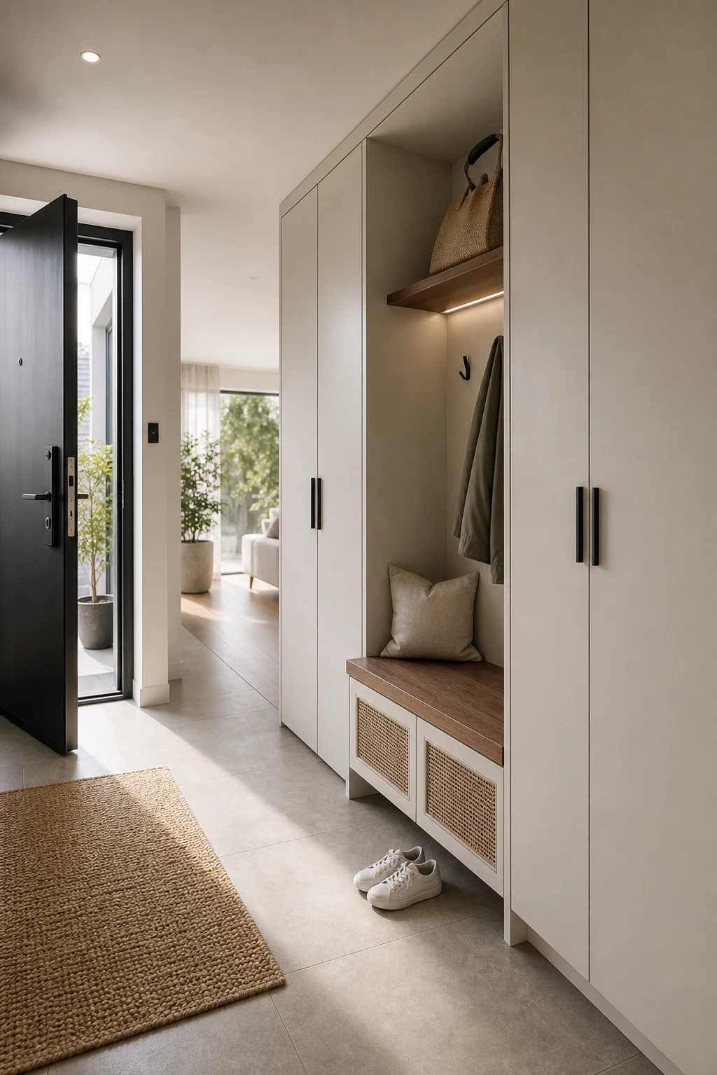 Meuble d'entrée moderne avec un banc, un rangement pour chaussures et un espace de circulation dégagé.