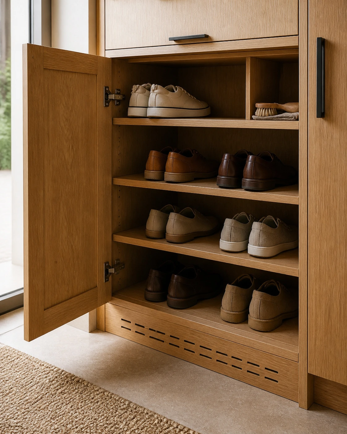 Étagères de rangement pour chaussures d'entrée avec ventilation et détails de meuble en bois chaleureux.