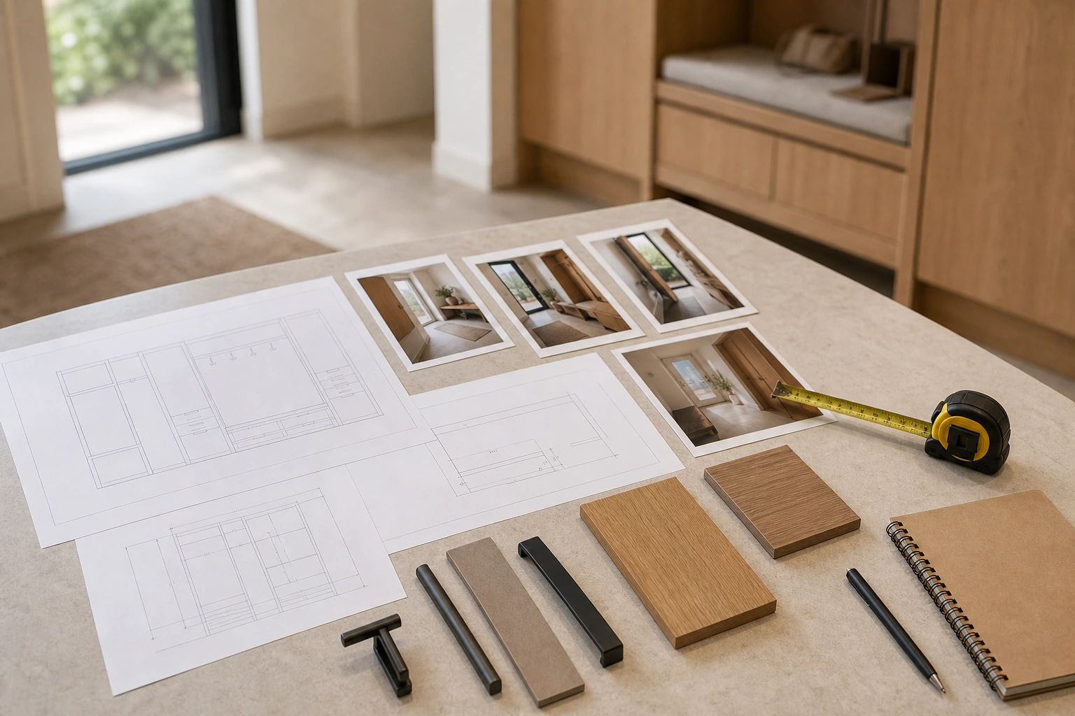Dessins de meuble d'entrée, mesures et échantillons de finition préparés pour une production sur mesure.