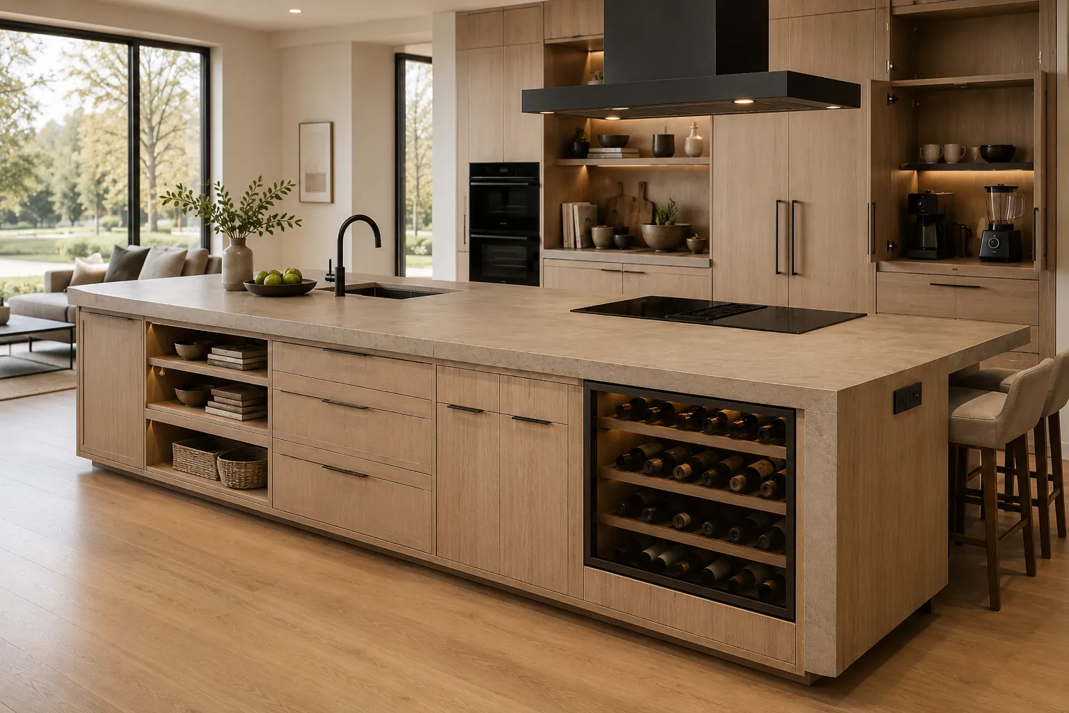 custom kitchen island with deep drawers open shelves wine storage socket sink cooktop appliance storage and seating