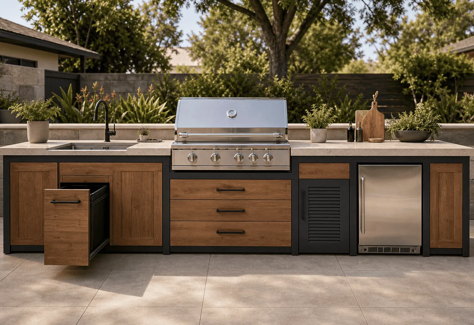 Maßgefertigter Außen-BBQ-Schrank in warmer Holzoptik mit eingebautem Grill, Spüle, Schubladen, Kühlschrank, Gasfach und ausziehbarem Mülleimer
