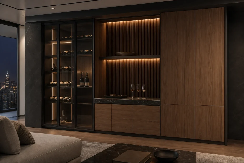 Black Stainless Steel Wine Cabinet with Ribbed Walnut Bar