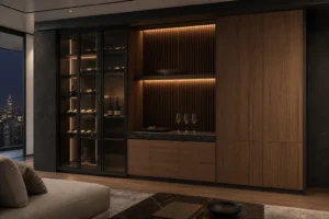 Black Stainless Steel Wine Cabinet with Ribbed Walnut Bar image 1