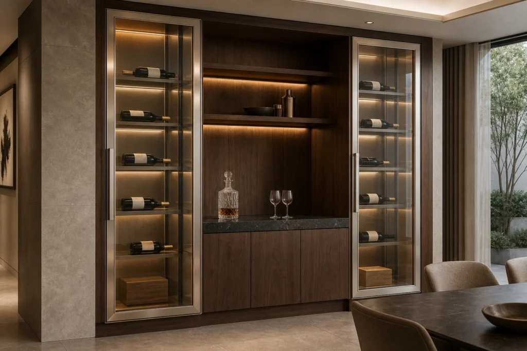 Built-In Stainless Steel Wine Cabinet with Walnut Panels