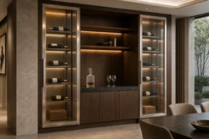 Built-In Stainless Steel Wine Cabinet with Walnut Panels image 1