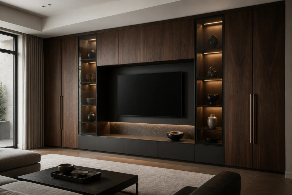 Built-In TV Wall Unit with Walnut Display Towers