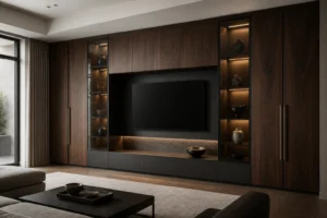 Built-In TV Wall Unit with Walnut Display Towers image 1