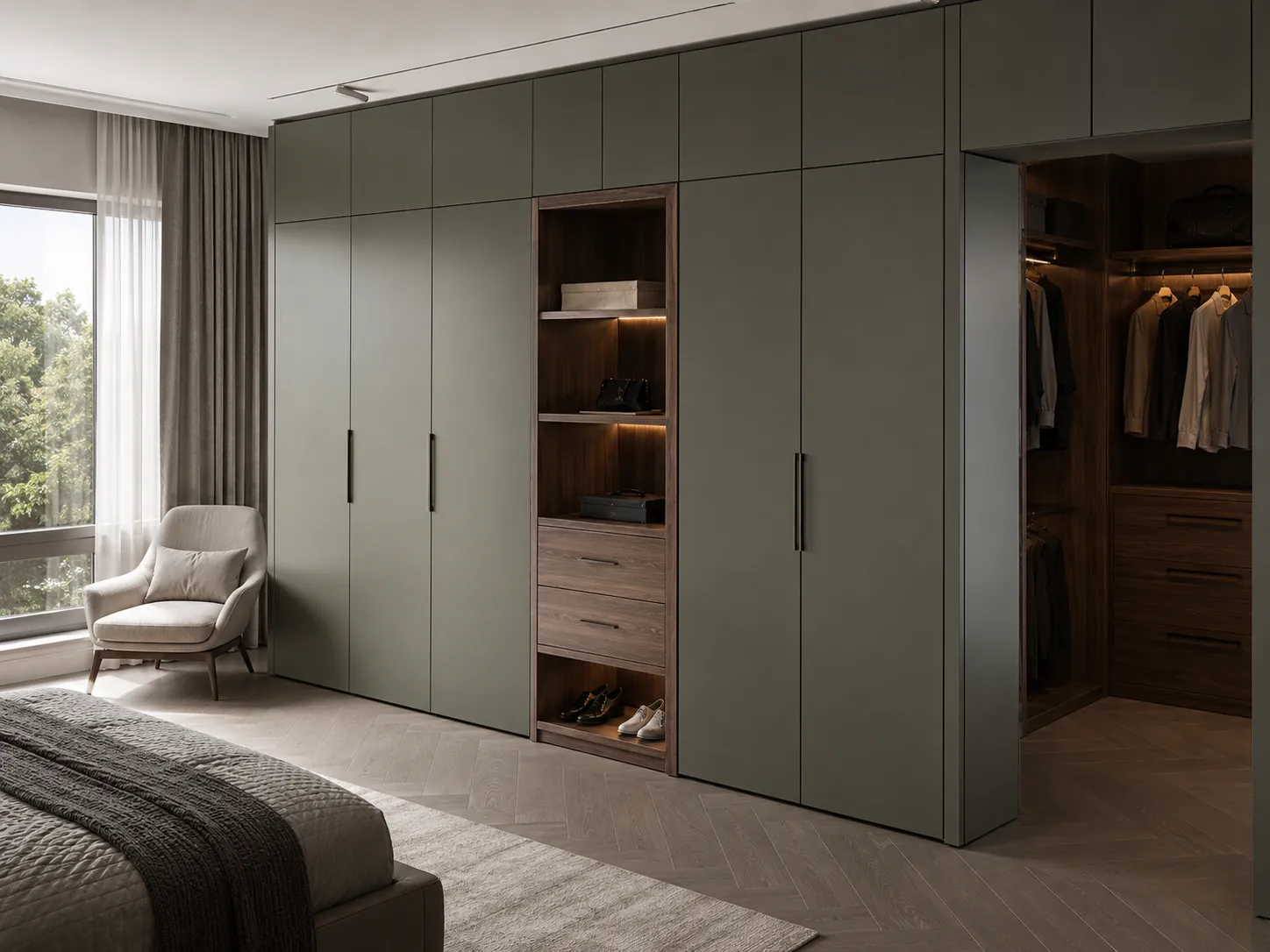 Custom closet and wardrobe system for bedroom storage
