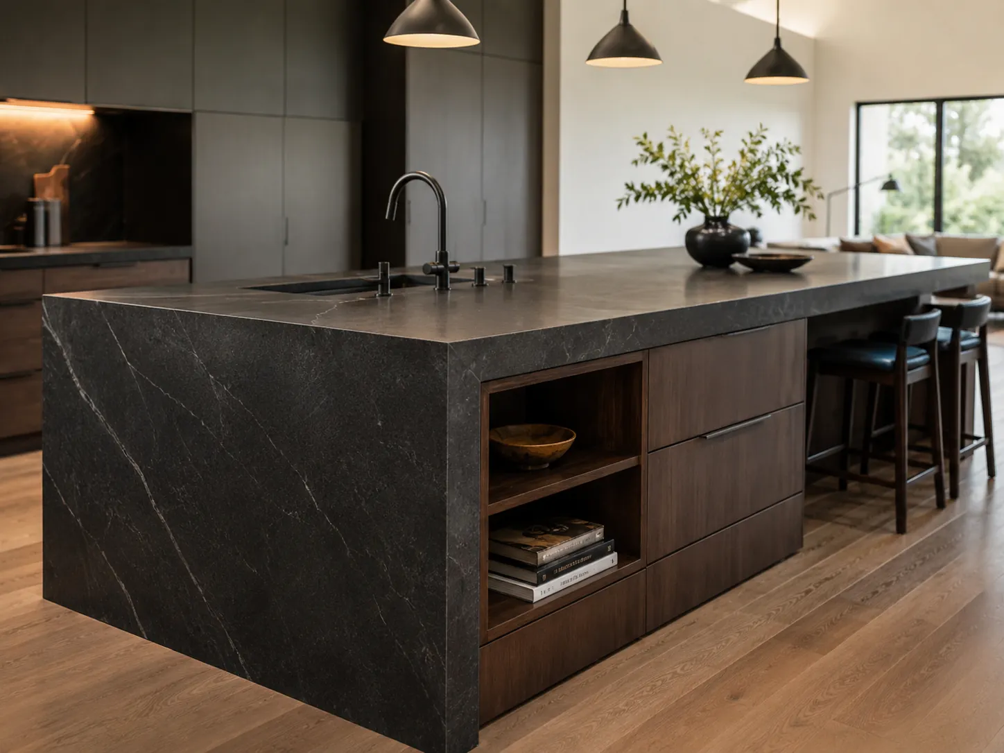 Custom kitchen island table with storage and seating