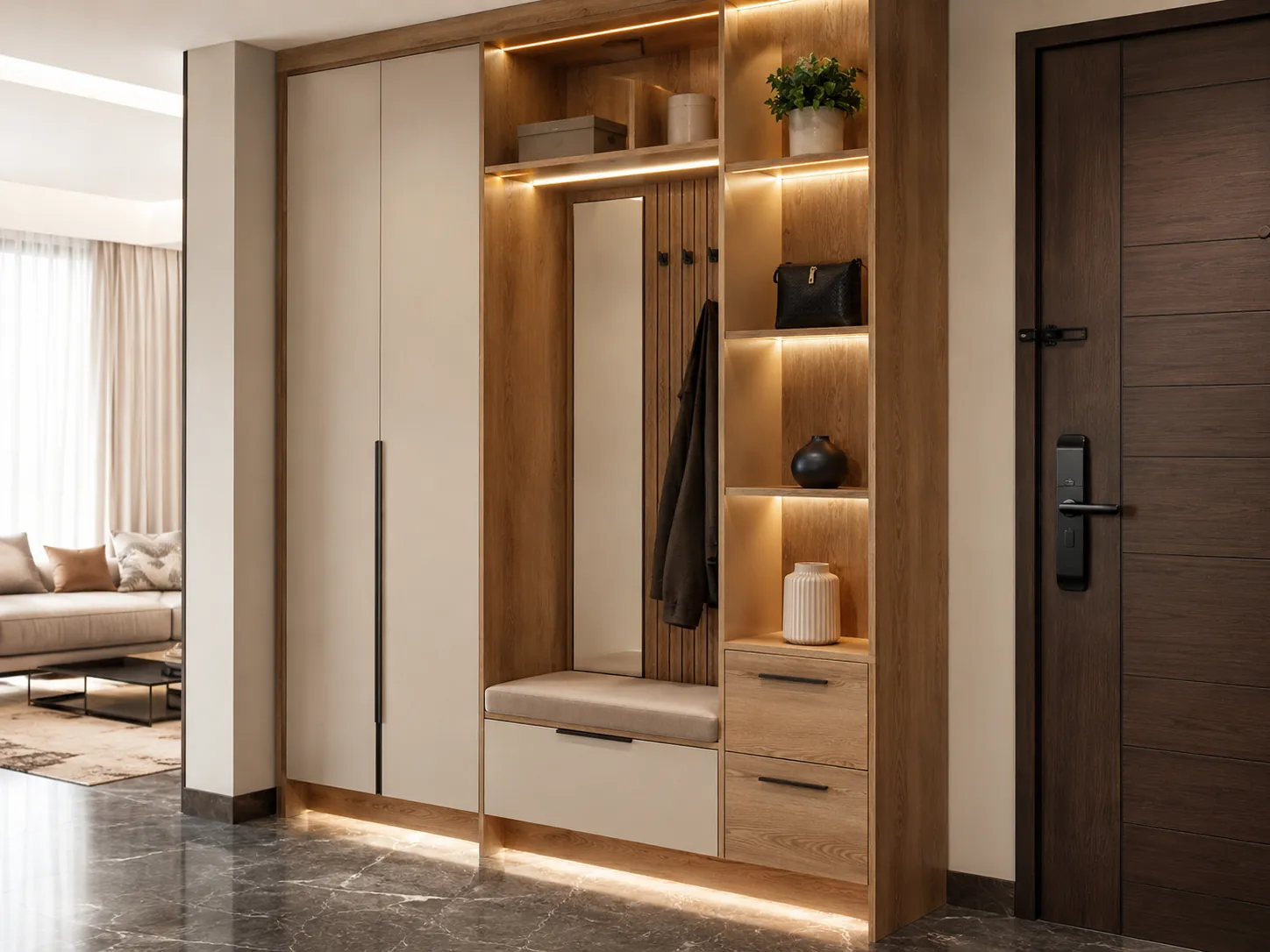 Custom entrance cabinet for home entryway storage